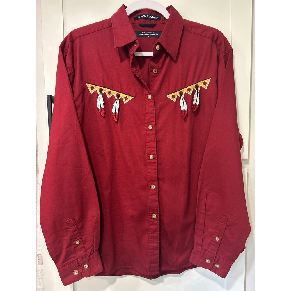 Devon & Jones Titan Twill Western Shirt Red Embroidered Tribal Cowboy Size LG